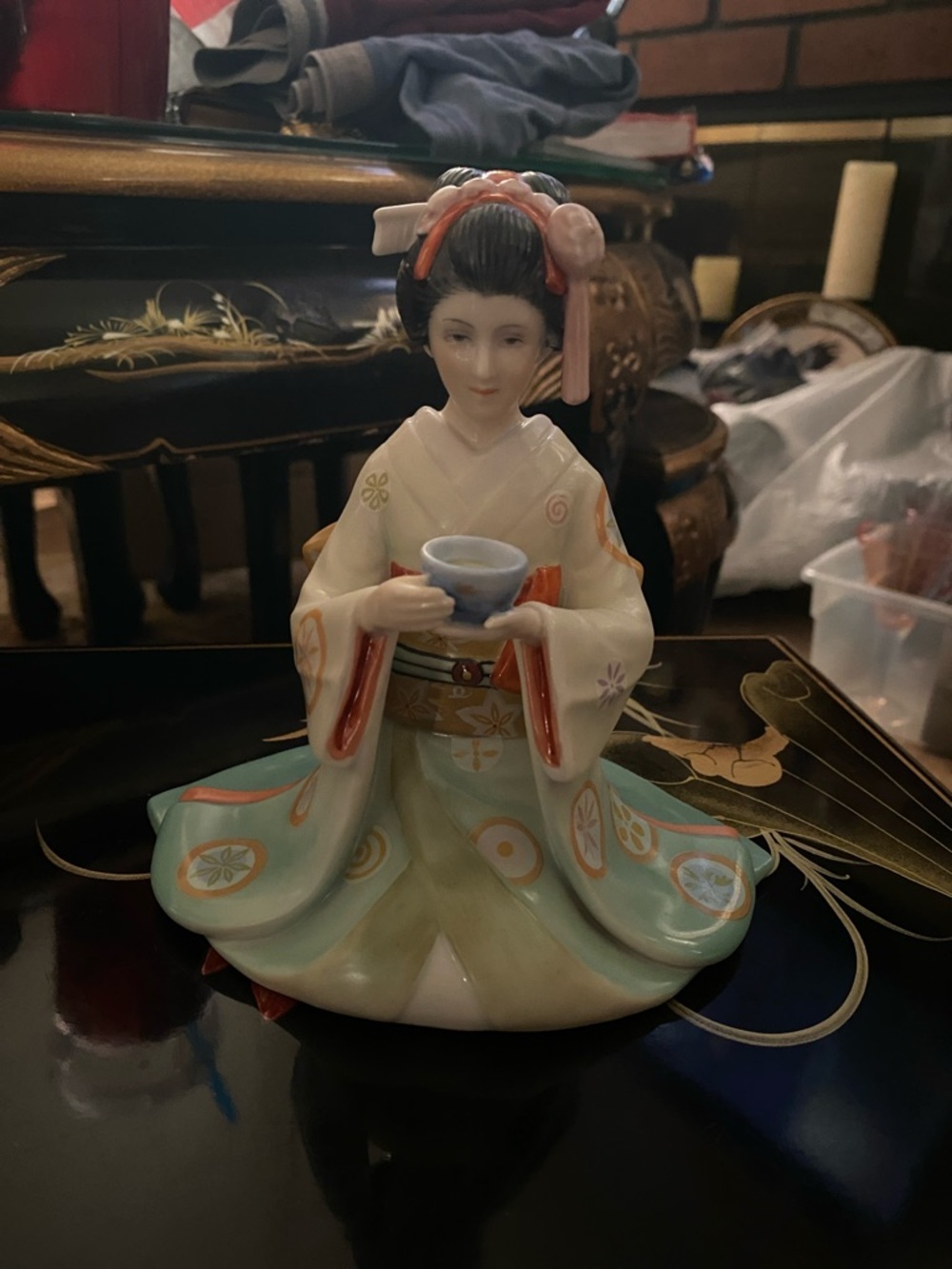 The Maiden of the Treasured Tea Porcelain Geisha Figurine in Mint and Cream